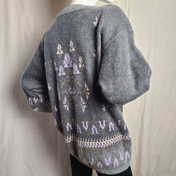 Vintage Weekend Edition Grey  Metallic Gold Geometric Mock Neck Knit Sweater - Picture 6 of 16